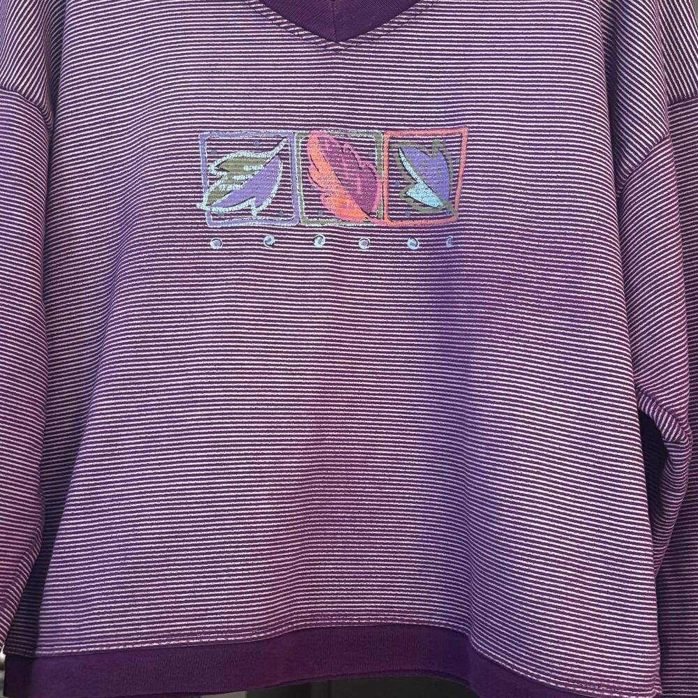 Fresh Produce V-neck Sweatshirt Purple Stripe L 100% Cotton Long Sleeve Beachy - Picture 10 of 11
